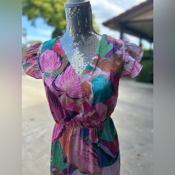 Sam Edelman Women’s Colorburst Leaf Print Faux Wrap Midi Dress - Picture 7 of 10